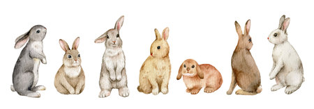 Watercolor vector set of cute bunnies isolated on a white background.のイラスト素材