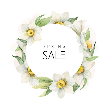 Spring sale discount vector watercolor flower frame with white flowers and greenery.のイラスト素材