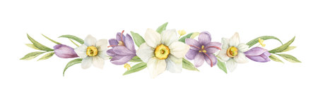 Watercolor vector floral border with flowers, branches and leaves.のイラスト素材