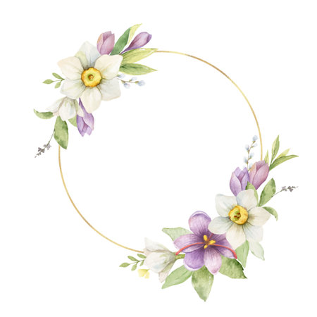 Watercolor vector golden frame with flowers and leaves.のイラスト素材