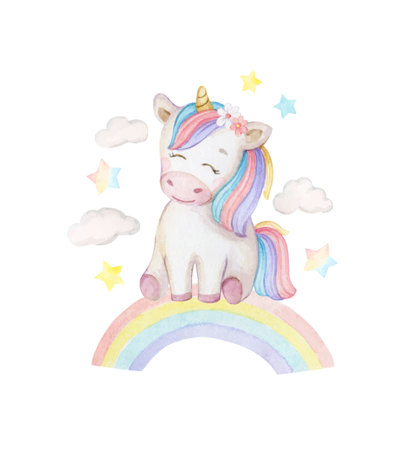 A watercolor vector Unicorn sits on a rainbow.のイラスト素材