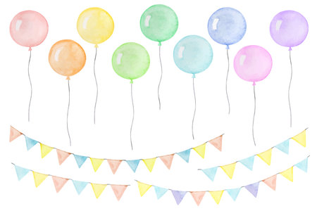 Watercolor set with colorful balloons and a garland of flags.のイラスト素材