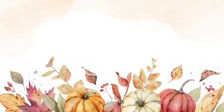 Watercolor vector autumn border with colorful pumpkins and foliage.のイラスト素材