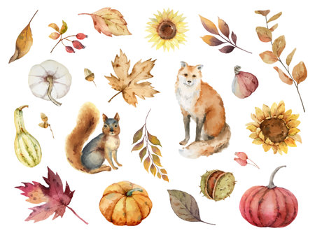 Watercolor vector autumn set with fox, squirrel, pumpkins and foliage.のイラスト素材