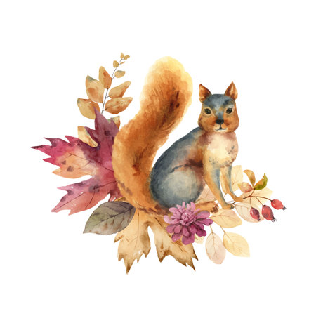 Watercolor vector composition with squirrel and autumn foliage.のイラスト素材