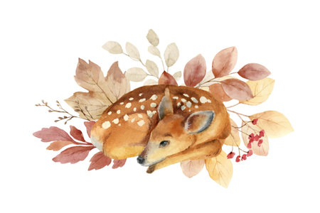Watercolor vector composition with a sleeping fawn and autumn foliage.のイラスト素材