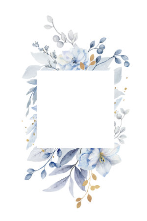 A watercolor vector frame with dusty blue flowers and leaves.のイラスト素材