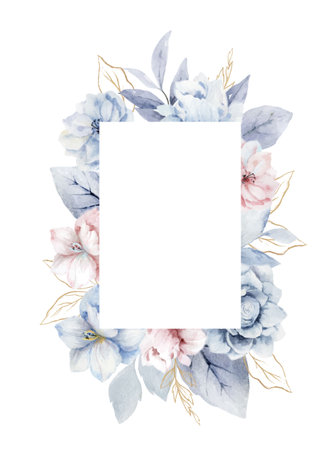 Watercolor vector dusty blue flower frame, delicate clipart with the image of winter flowers. Perfect for wedding invitation, date saving, printable. Hand painted illustration.のイラスト素材