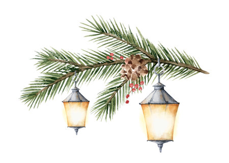 Christmas vector spruce branch with lanterns. Watercolor for wedding, stationery, invitation, holiday card template, decoration. Hand drawn illustration.のイラスト素材