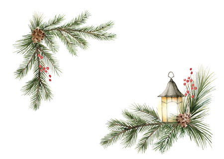 Christmas vector spruce branch with lanterns. Watercolor for wedding, stationery, invitation, holiday card template, decoration. Hand drawn illustration.のイラスト素材