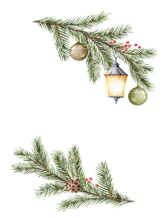 Christmas vector spruce branch with lanterns. Watercolor for wedding, stationery, invitation, holiday card template, decoration, wallpaper. Hand drawn illustration.のイラスト素材