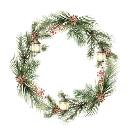Watercolor vector Christmas round frame. Lanterns, fir branches, red berries, cones, border, wreath. Illustration for greeting cards, invitations. Hand drawn illustration.のイラスト素材