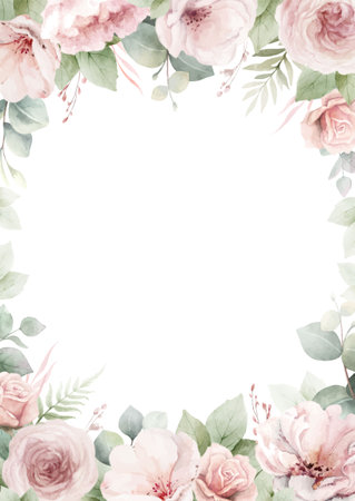 Floral vector border frame with pink roses flowers, eucalyptus branches and leaves. Perfect for wedding stationery, greetings, wallpapers, fashion, home decoration. Hand painted illustration.のイラスト素材