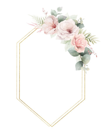 Watercolor floral frame with golden geometric shape.. Dusty pink roses flowers and eucalyptus leaves. Arrangement for wedding invitations, greetings, cards. Hand painted illustration.のイラスト素材