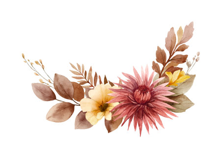 Autumn vector floral illustration clipart. Fall wreath. Burnt orange, burgundy and terracotta flowers for rustic wedding design, greeting cards, thanksgiving decoration.のイラスト素材
