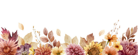 Watercolor vector autumn horizontal border. Fallen leaves and flowers. Botanic composition for greeting cards, wedding invitations, floral poster and decorations.のイラスト素材