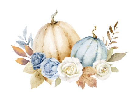 Watercolor vector floral pumpkins arrangement. Beige and blue leaves and flowers for harvest, greeting cards, thanksgiving invitation. Hand painted .illustration.のイラスト素材