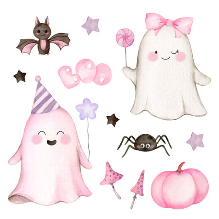 Set of watercolor vector Halloween ghost. Cute haracter. Cliparts for baby shower, greeting cards, happy holiday poster, party invitations. Hand painted illustration.のイラスト素材