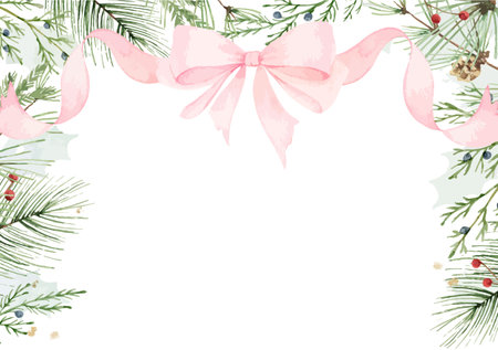 Watercolor vector banner with pink bow, ribbons and fir twigs. Borders for holiday greeting card, stationery and invitation. Hand painted winter plants. Xmas template.のイラスト素材