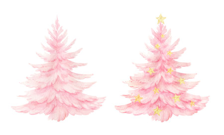 Watercolor vector pink Christmas tree with golden stars isolated on white background. A delicate and charming hand drawn illustration. Perfect for festive holiday designs and celebrations.のイラスト素材