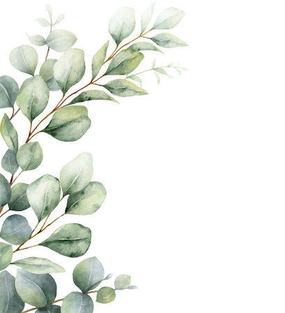 Watercolor vector wreath with green eucalyptus leaves and branches. Greenery clipart for wedding invitation, greeting cards, save the date, stationery design. Hand drawn illustration.のイラスト素材