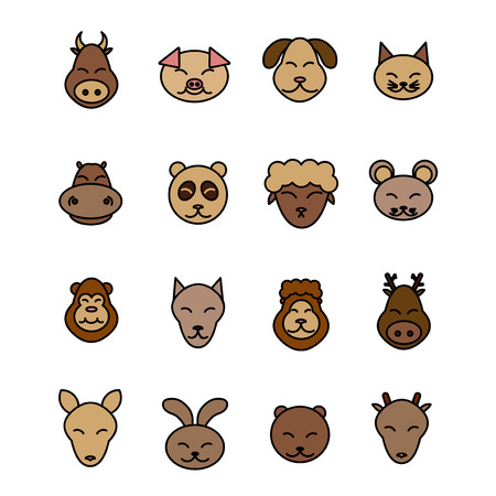 Different animals vector. Icons set brown pet. Pig, dog, cat, cow, mouse, sheep, panda, hippopotamus, deer, lion, wolf, monkey, bear, rabbit, kangarooのイラスト素材