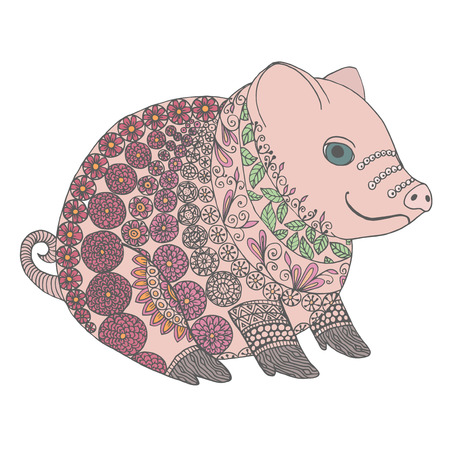Zentangle illustration with sow. Zen tangle or doodle little boar. Coloring book pigのイラスト素材