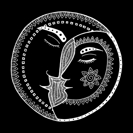 Moon vector. Man and woman in love. Kiss and romanceのイラスト素材