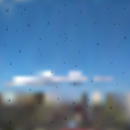 Water drops on glass after rain. Raindrop on the window vector. Droplet on blue sky background with cloudsのイラスト素材