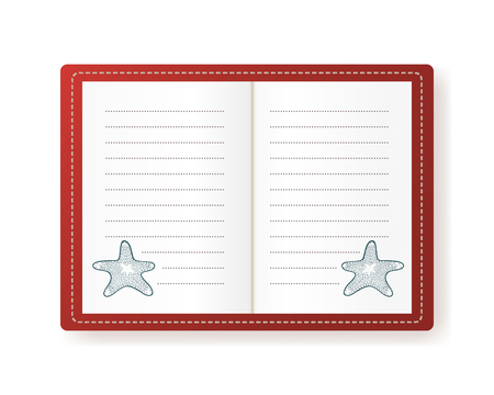Vector illustration of notebook with starfish. Empty lined paper. The red coverのイラスト素材