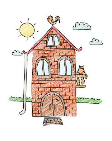 House for kids. Hand drawn sketch of home. Villa vector illustration. Coloring book for adult. Cartoon village.のイラスト素材