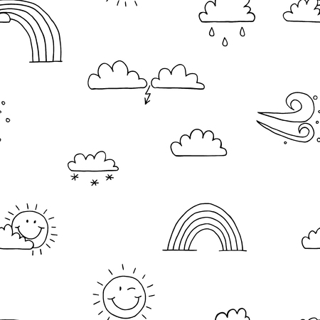 Seamless pattern background weather. Sun, rain, cloud vector. Wind, snow and rainbow coloring images. Black and white wallpaper.のイラスト素材