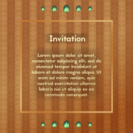 Invitation with green glass stones. Postcard brown with emerald diamond. Vector template for VIP greeting card.のイラスト素材