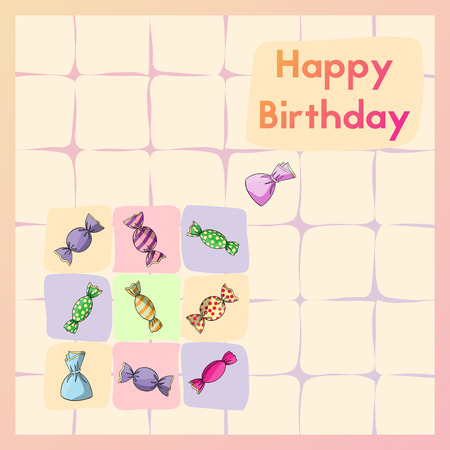 Happy Birthday vector illustration. Greeting birth card with different sweet. Postcard multi coloured candy.のイラスト素材