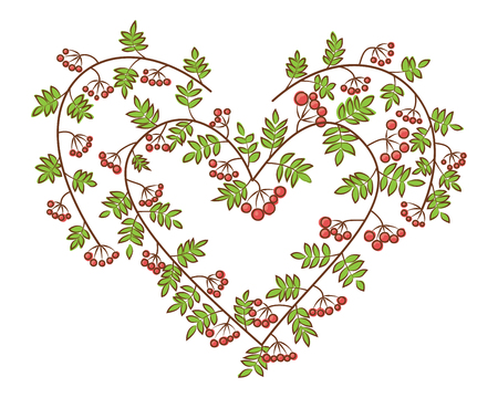 Rowan-berry in heart shape vector illustration. Decoration for Valentine's Day. Branches with green leaves and red berries.のイラスト素材