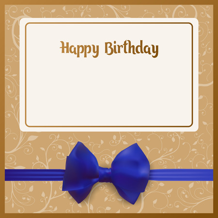Happy Birthday postcard. Birth Greeting card vector illustration. Beige background adorned with a blue bow with a ribbon. Congratulation on the holiday.のイラスト素材