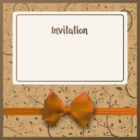 Invitation postcard. Beige background with place for your text. Yellow bow with ribbon. Greeting card vector illustration.のイラスト素材