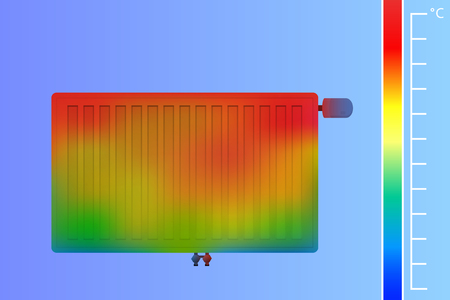 Steel panel radiator on the wall vector illustration. Heating system for a thermal imager. Colored thermographic image of the scan camera.のイラスト素材