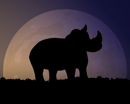 Black silhouette of a Rhino on the background of the huge moon. Magical night sky vector illustration.のイラスト素材