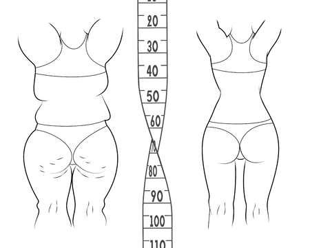 The result before and after a diet. Fat and slim woman. Measuring tape vector illustration.のイラスト素材