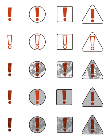 Set of icons with the familiar exclamation point. Collection of symbols attention warning vector illustration.Red, white, grey and black. Simple and outline element, volume and grunge texture.のイラスト素材