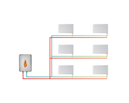 Two-pipe horizontal heating system vector illustration. The lower connection of steel panel radiators. Pipes leading to the boiler, Central heating.のイラスト素材