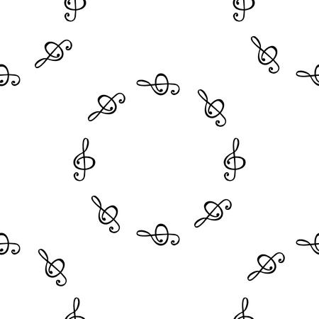 Seamless background pattern with treble clef. Music notes vector illustration. Black and white wallpaper.のイラスト素材