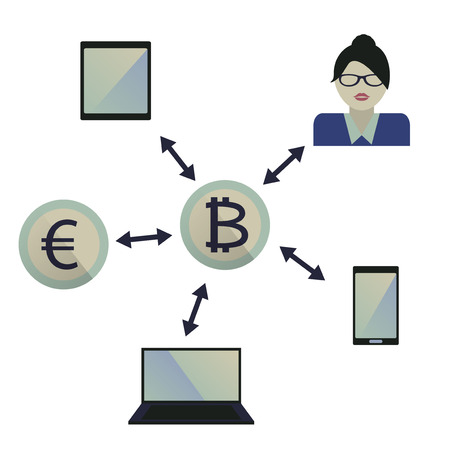 Communication of cryptocurrency. Payment by bitcoin using the PC. Virtual financial technologies. Vector illustration.のイラスト素材