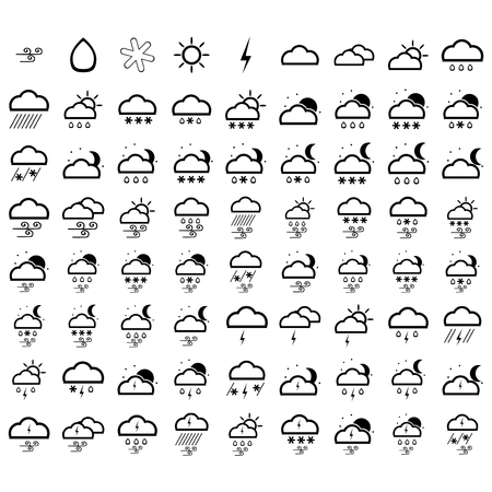 Vector weather icons set. Black and white outline meteorology sign.のイラスト素材