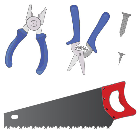 A set of images consisting of pliers, garden shears, screws and saws. Work tools.のイラスト素材
