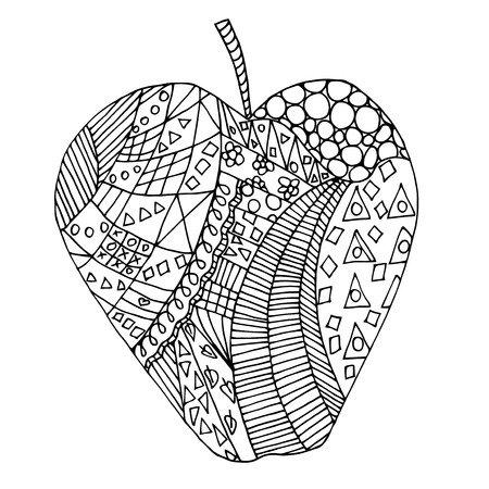Apple zen tangle. Doodle fruit vector illustration. Coloring book for adult. Black and white.のイラスト素材