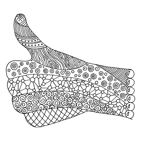 Hand zen tangle. Doodle arm vector illustration. Thumb up coloring book for adult. Likeのイラスト素材