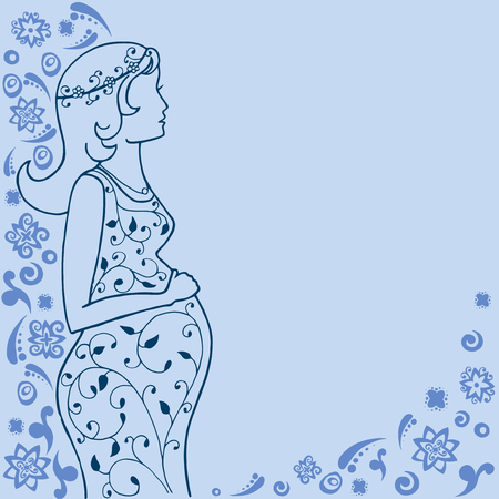 Pregnant woman vector illustration. Girl on a blue background. Greeting card for new baby.のイラスト素材