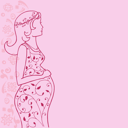 Pregnant woman vector illustration. Girl on a pink background. Greeting card for new baby.のイラスト素材